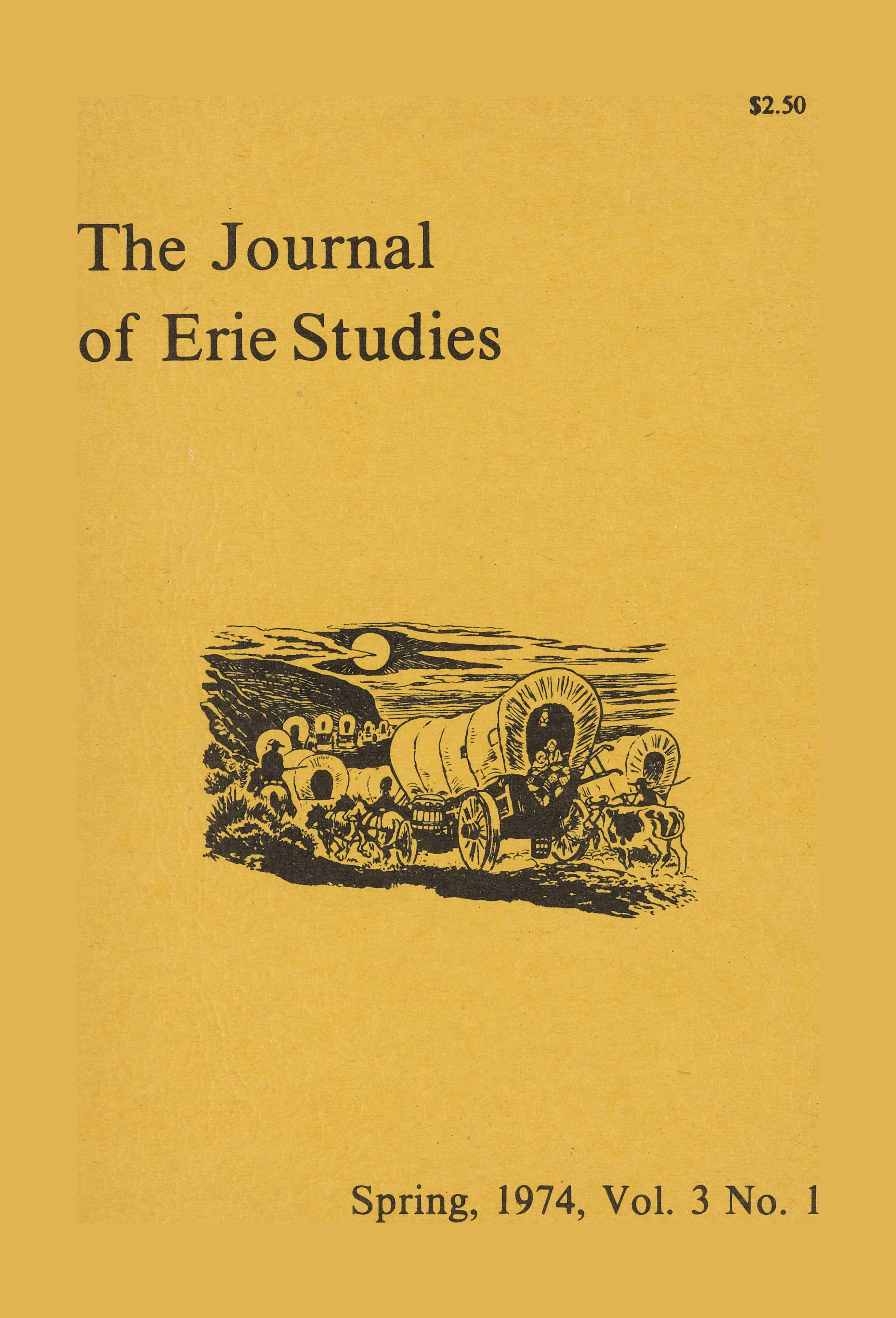 Sketch of covered wagons on a trail with the text, "The Journal of Erie Studies, Spring, 1974, Vol. 3 No. 1."