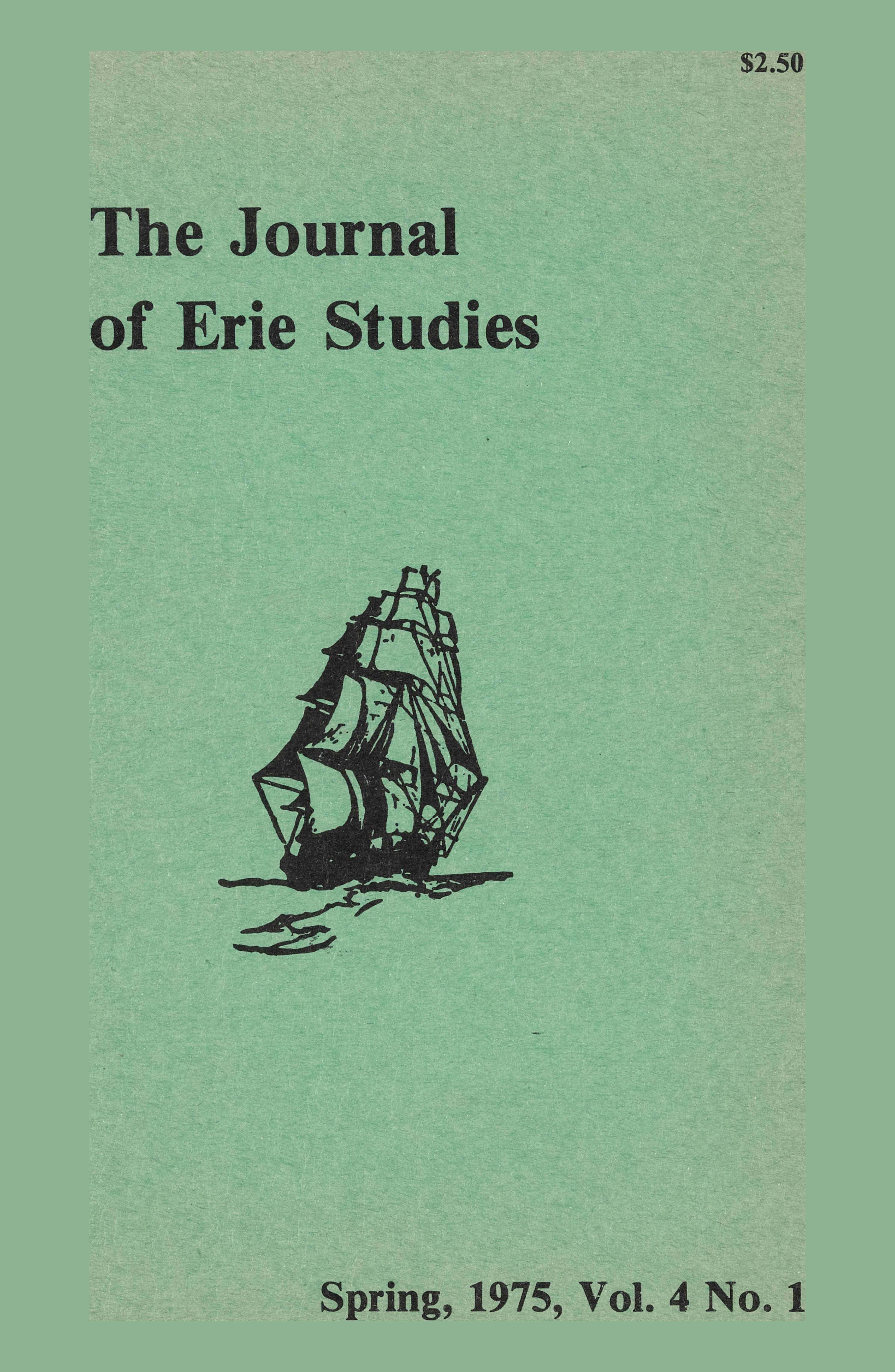 Sketch of a ship with the text, "The Journal of Erie Studies, Spring, 1975, Vol. 4 No. 1."