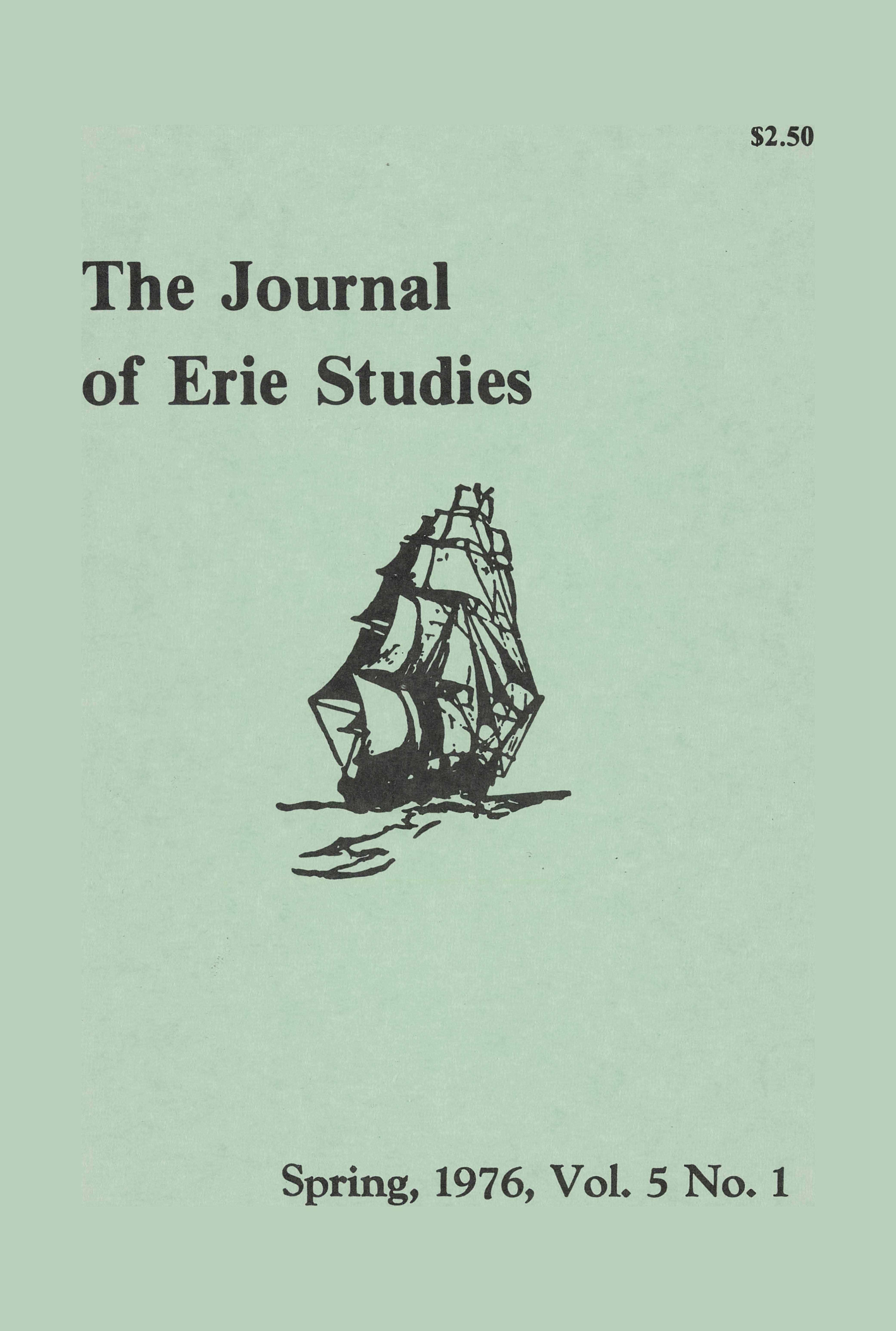 Sketch of a ship with the text, "The Journal of Erie Studies, Spring, 1976, Vol. 5, No. 1."