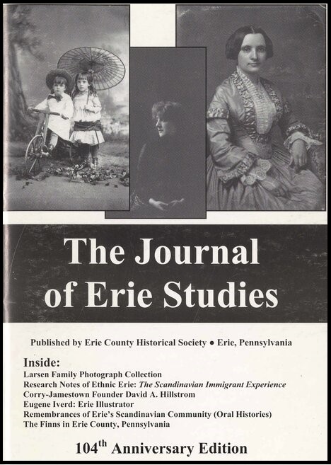 104th Anniversary Edition cover of the Journal of Erie Studies, featuring three images with women in them, one with two young girls on a bike holding a parisol, the center with a woman looking off to the left into the distance, and the right with a woman in an early 1900s dress staring into the camera.