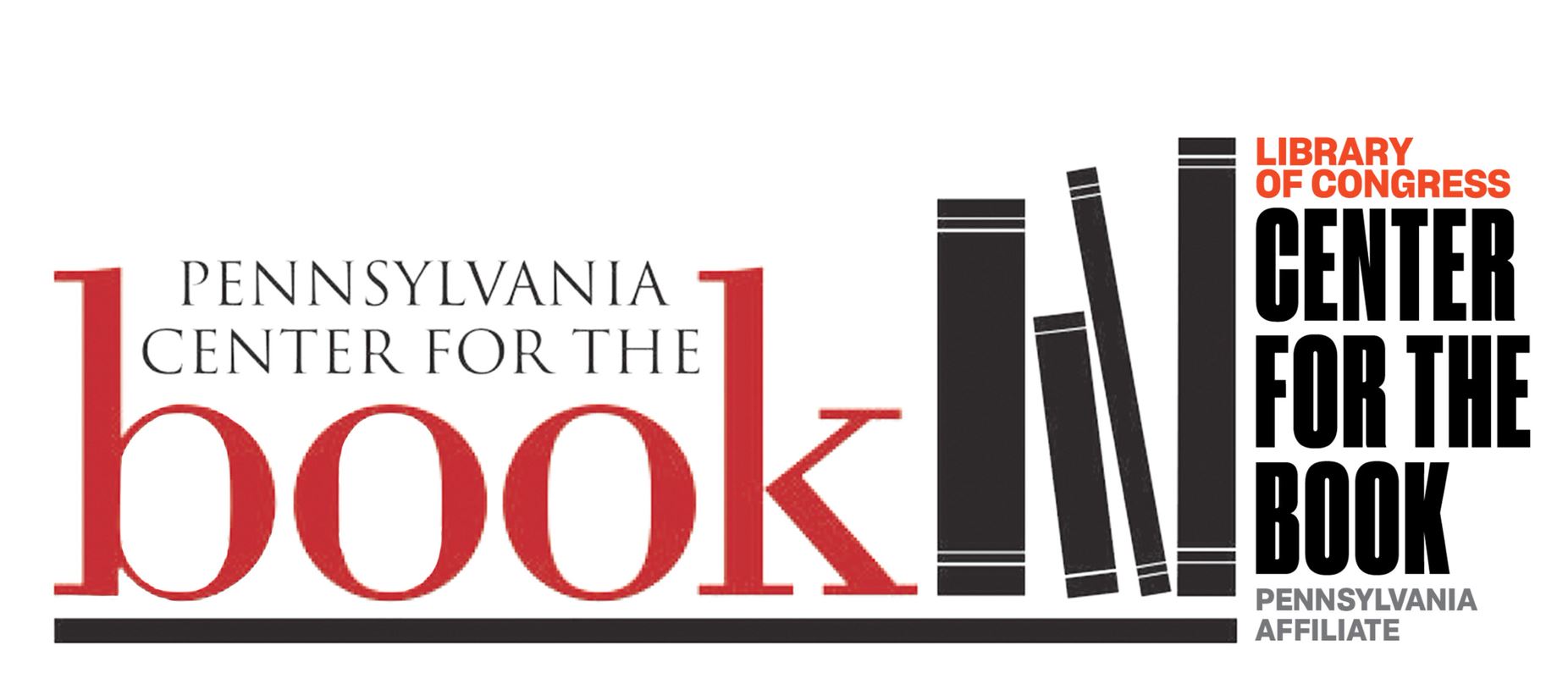 Logo of the Pennsylvania Center for the Book, showing the organization's name and a stack of books on a shelf.