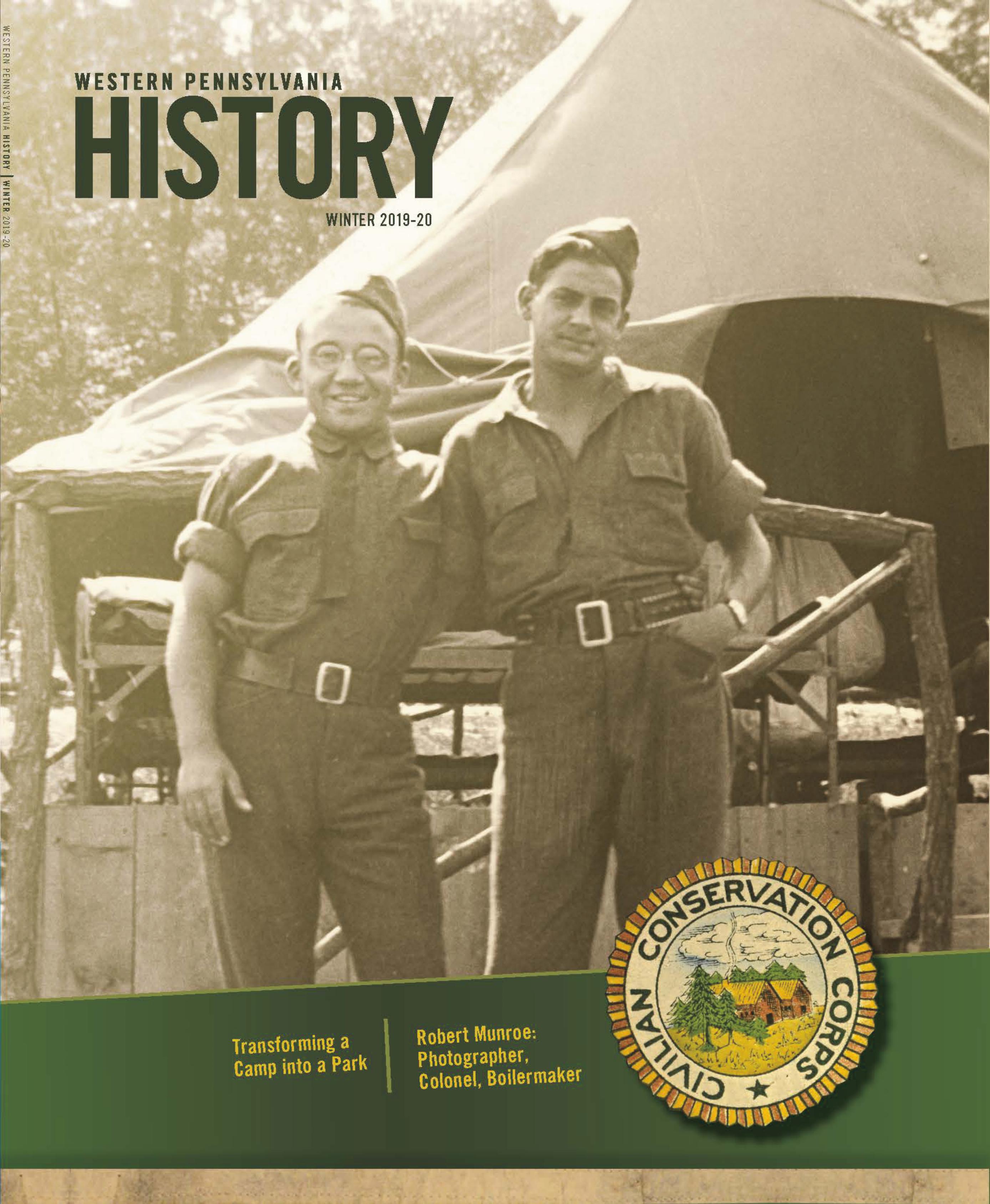 Front cover of Western Pennsylvania History Winter 2019-2020. Sepia photo of two uniformed men posing in front of a tent.