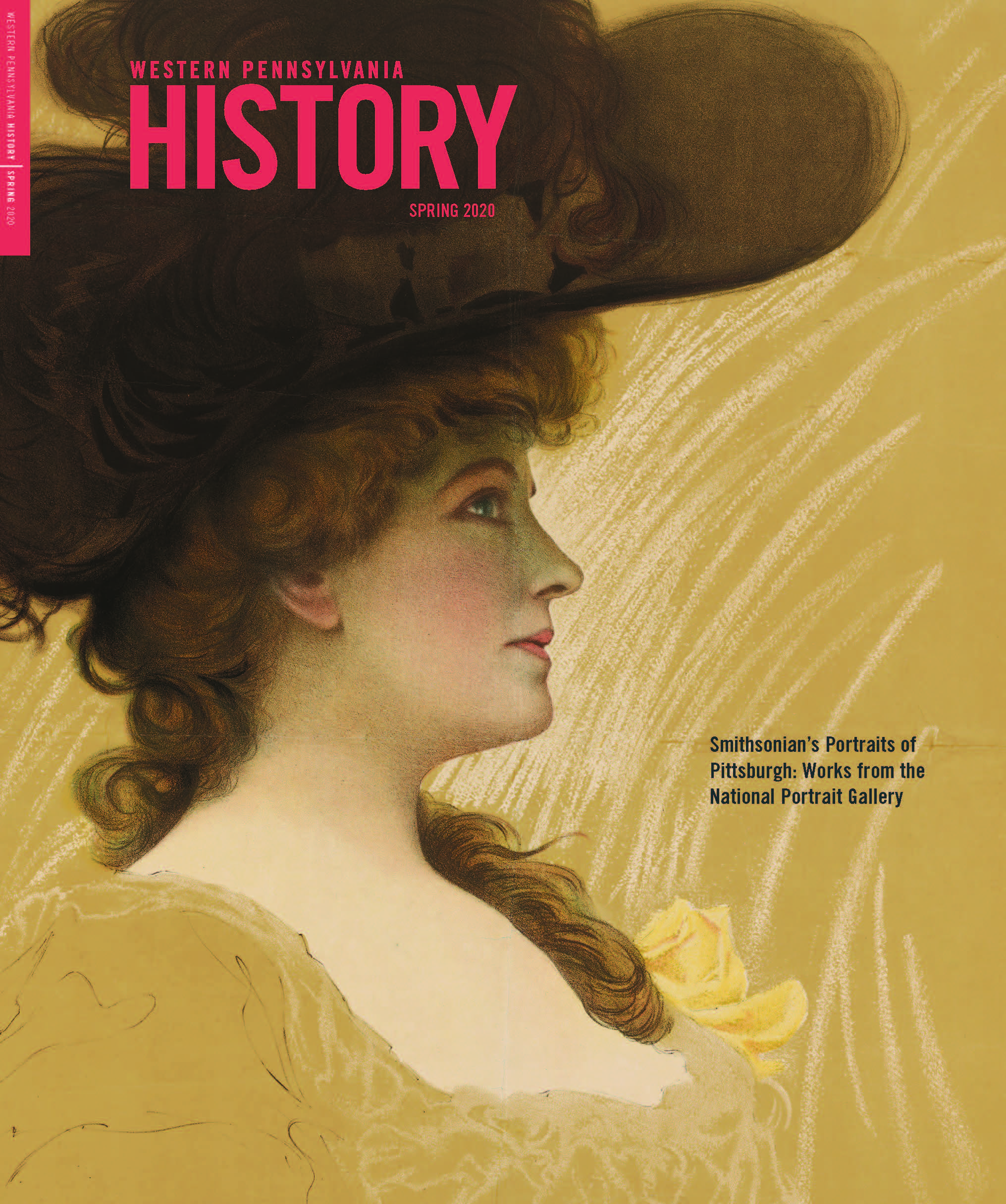 Front cover of Western Pennsylvania History Spring 2020. Color lithograph bust of a woman with auburn hair in a yellow dress.