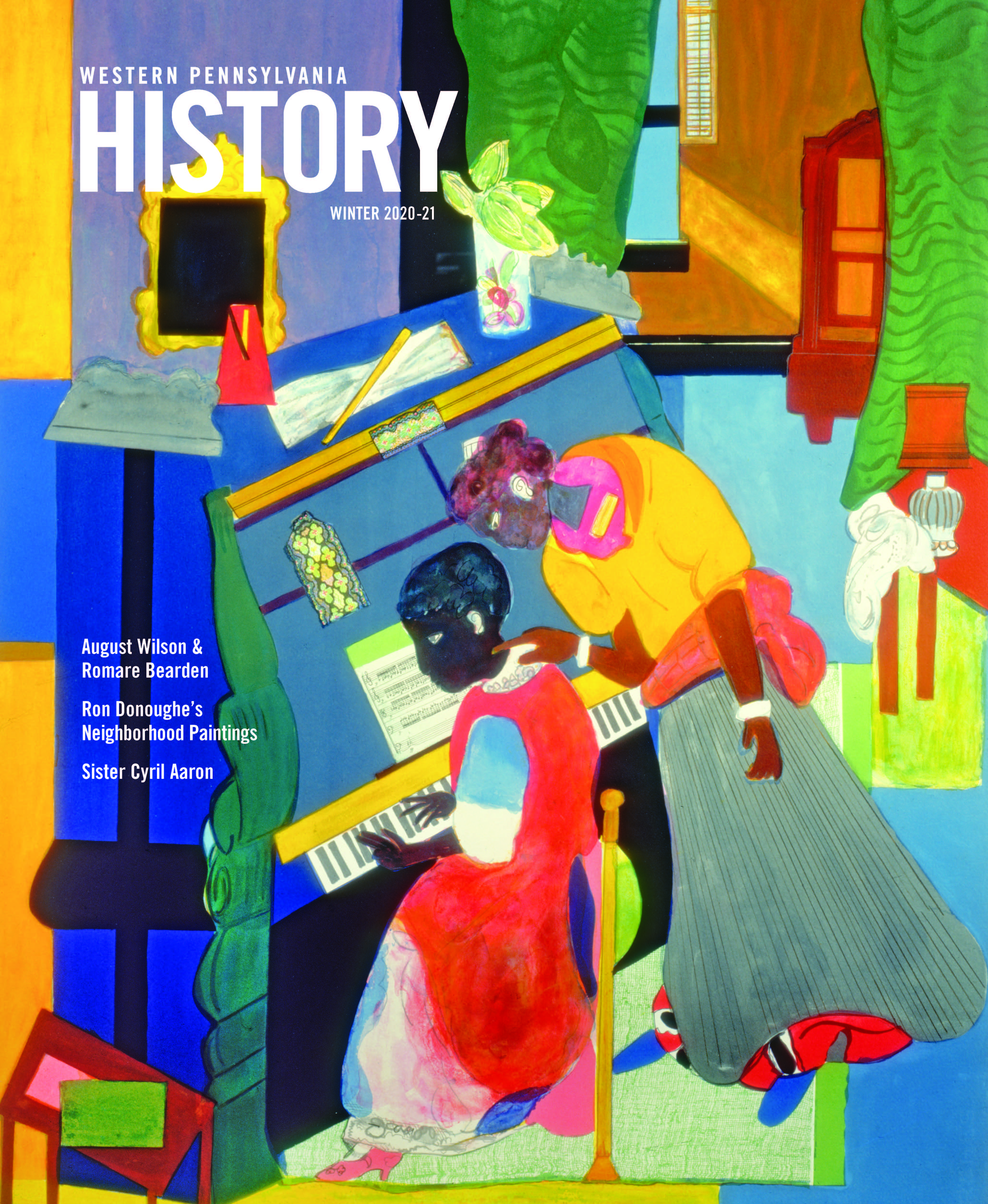 Magazine cover with artwork depicting a piano teacher and her pupil in a colorful room.
