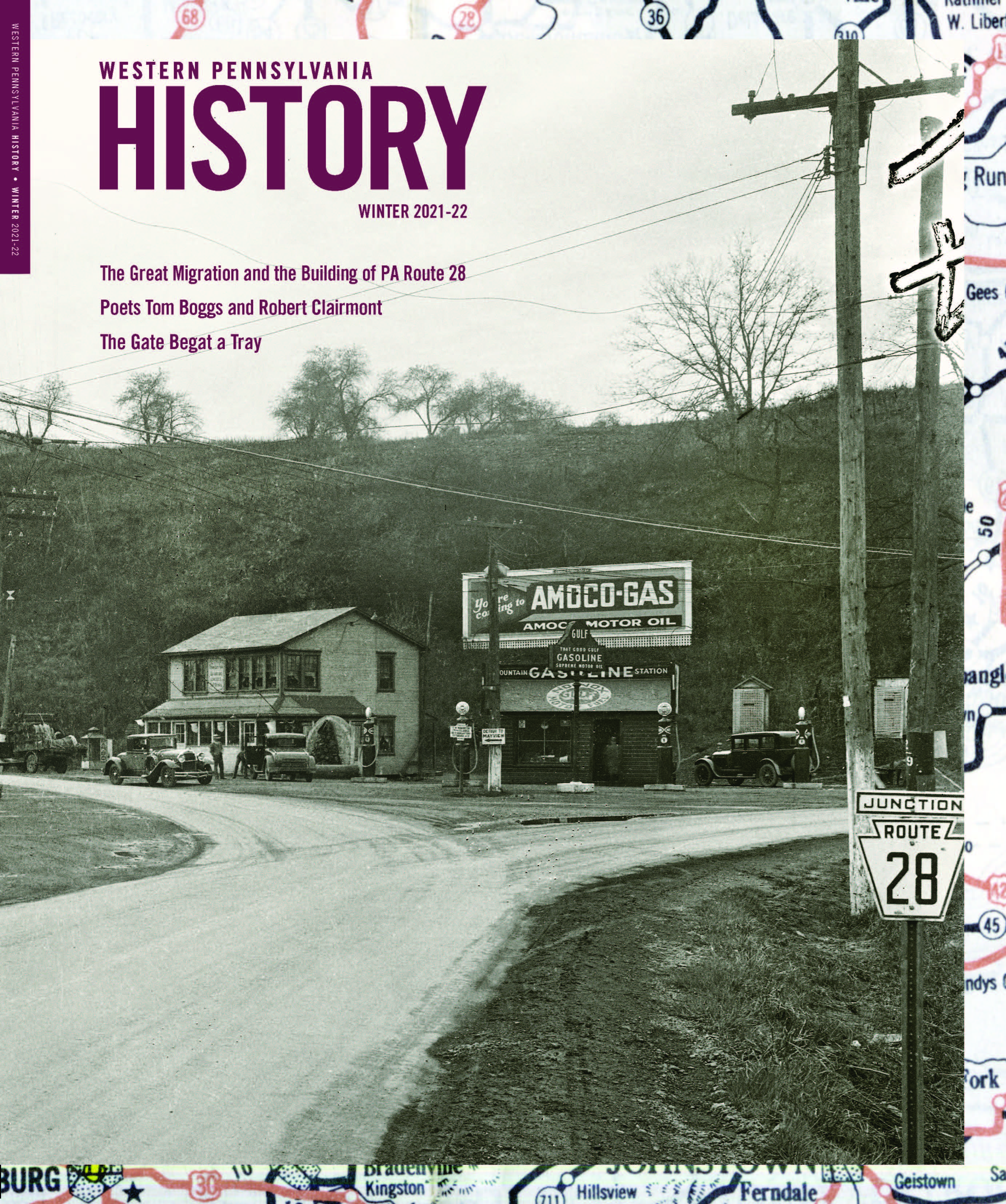 Magazine cover with sepia photo of a street with telephone poles laid overtop of a map of Route 28.