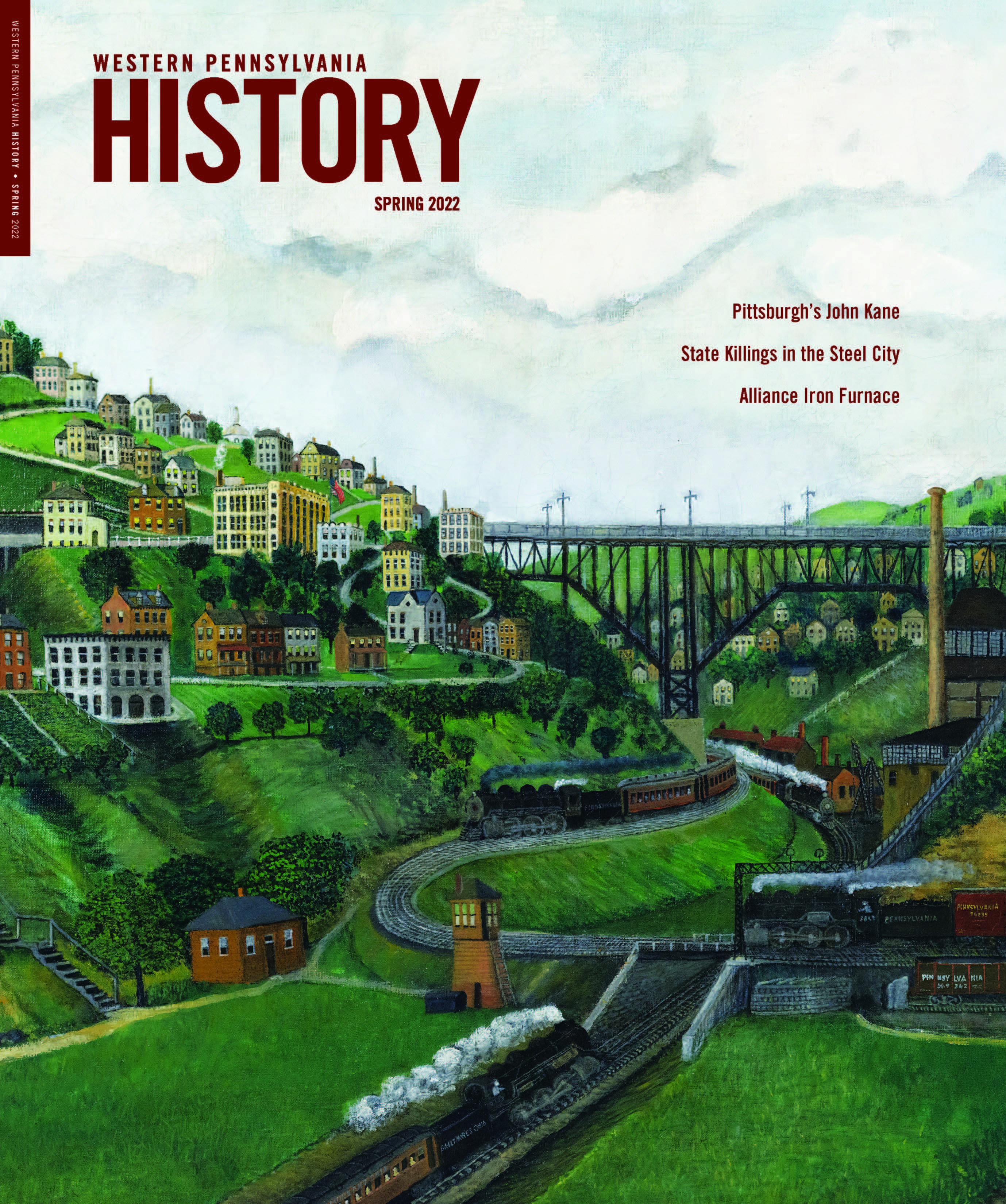 Magazine cover with artwork of multiple trains running over green hillsides and under bridges.