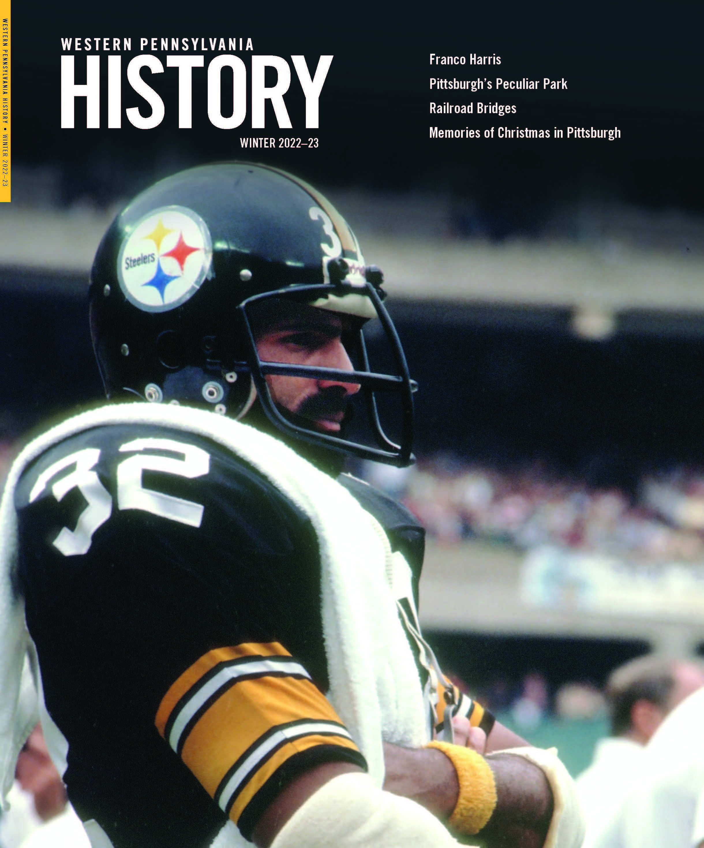Magazine cover with photo of Franco Harris wearing a Steelers uniform in a stadium.